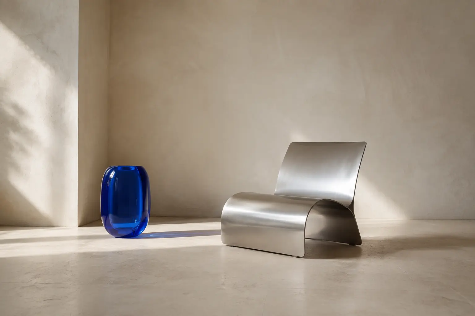 Sculpturale stoel en glasobject in een galerie